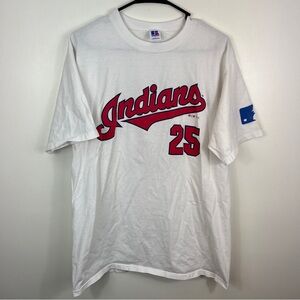 Vintage 1995 Cleveland Indians Jim Thome Jersey Tshirt White Russell Athletics L